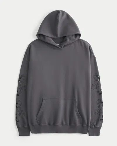 Hollister Easiest Embroidered Floral Cutout Hoodie In Gray
