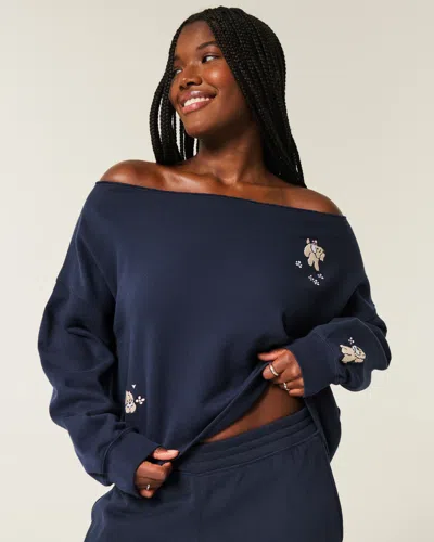 Hollister Easy Graphic Double Off-the-shoulder Sweatshirt In Blue