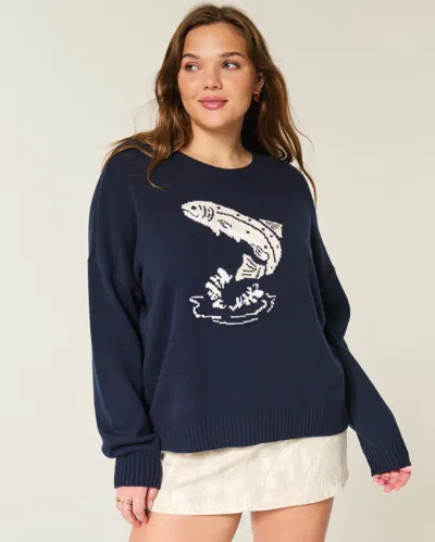 Hollister Easy Jumping Fish Graphic Crew Sweater In Blue