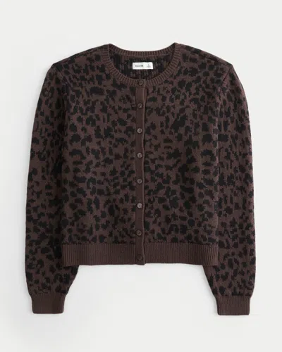 Hollister Easy Leopard Print Crew Cardigan In Brown