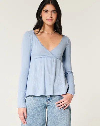Hollister Easy Long-sleeve Pointelle Babydoll Top In Blue