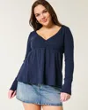 Hollister Easy Long-sleeve Pointelle Babydoll Top In Blue
