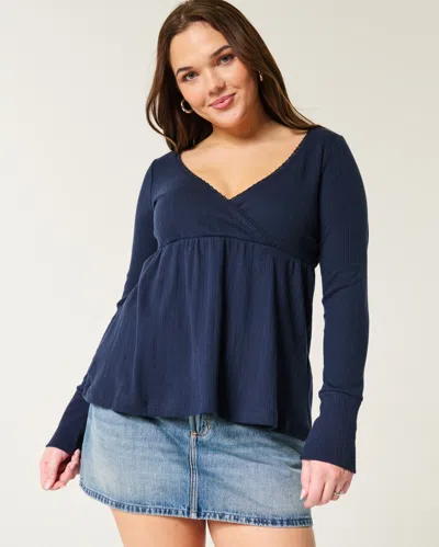 Hollister Easy Long-sleeve Pointelle Babydoll Top In Blue