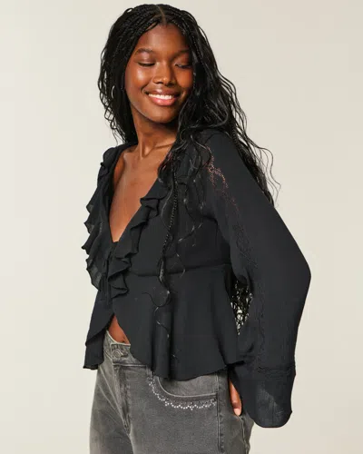 Hollister Easy Long-sleeve Ruffle Babydoll Top In Black
