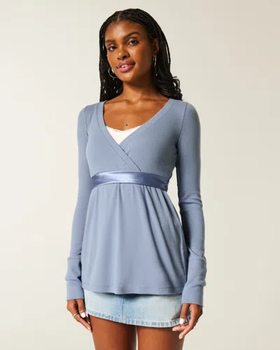 Hollister Easy Long-sleeve Wrap-front Babydoll Top In Blue