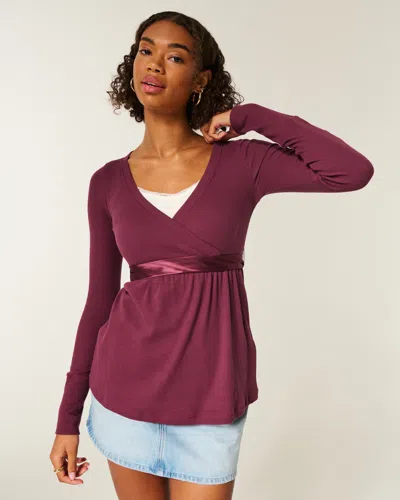 Hollister Easy Long-sleeve Wrap-front Babydoll Top In Brown