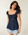 Hollister Easy Satin Tie Babydoll Top In Blue