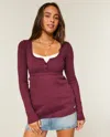 Hollister Easy Tie-back Henley Babydoll Top In Burgundy