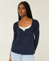 Hollister Easy Tie-back Henley Babydoll Top In Blue