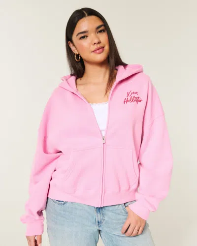 Hollister Easy Zip-up Xoxo,  Graphic Hoodie In Pink