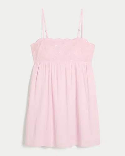 Hollister Embroidered Sequin Babydoll Mini Dress In Pink