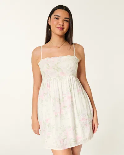 Hollister Embroidered Sequin Babydoll Mini Dress In White