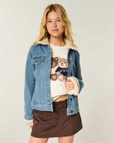 Hollister Faux Fur Trim Denim Jacket In Blue