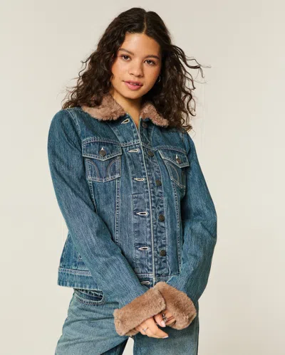Hollister Faux Fur Trim Denim Jacket In Black