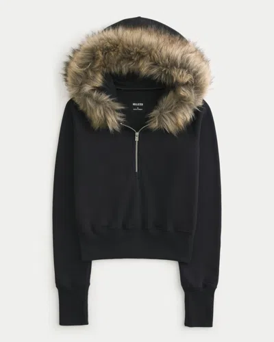Hollister Faux Fur Trim Half-zip Hoodie In Black