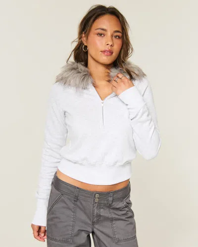 Hollister Faux Fur Trim Half-zip Hoodie In Gray