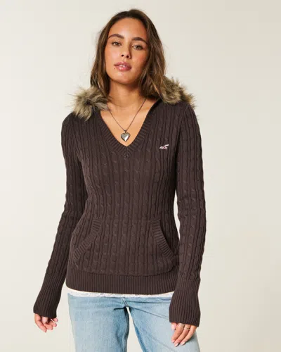 Hollister Faux Fur Trim Hooded Cable-knit Sweater