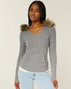 Hollister Faux Fur Trim Hooded Cable-knit Sweater In Gray