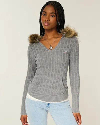 Hollister Faux Fur Trim Hooded Cable-knit Sweater