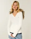 Hollister Faux Fur Trim Hooded Cable-knit Sweater In White