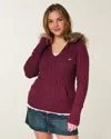 Hollister Faux Fur Trim Hooded Cable-knit Sweater In Purple