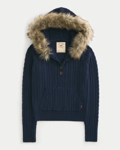 Hollister Faux Fur Trim Hooded Henley Sweater In Blue