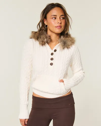 Hollister Faux Fur Trim Hooded Henley Sweater In White