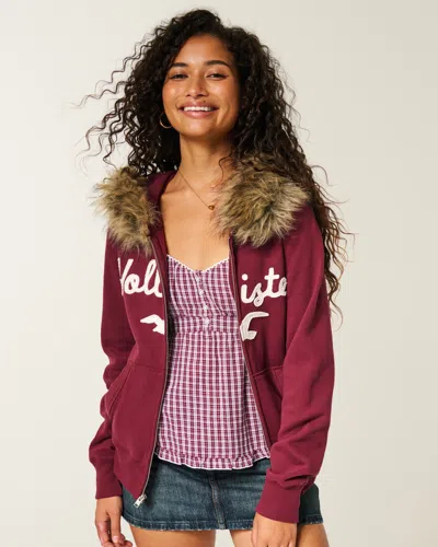Hollister Faux Fur Trim Logo Graphic Zip-up Hoodie