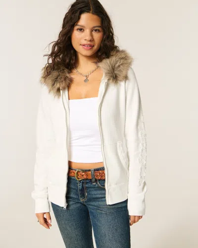 Hollister Faux Fur Trim Logo Graphic Zip-up Hoodie
