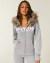 Hollister Faux Fur Trim Logo Graphic Zip-up Hoodie In Gray