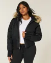 Hollister Faux Fur Trim Puffer Bomber Jacket In Black