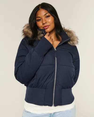 Hollister Faux Fur Trim Puffer Bomber Jacket