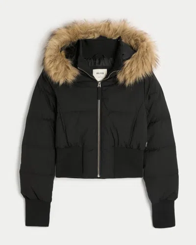 Hollister Faux Fur Trim Puffer Jacket In Black