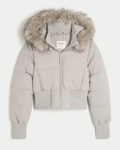 Hollister Faux Fur Trim Puffer Jacket In Cream