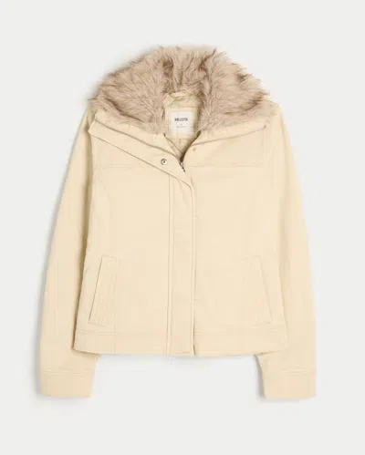 Hollister Faux Fur Trim Twill Jacket In Neutral
