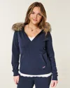 Hollister Faux Fur Trim V-neck Hoodie In Blue
