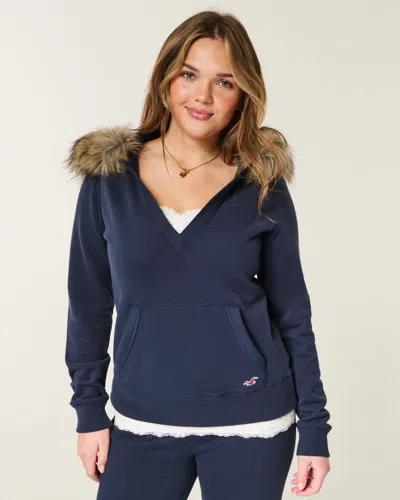 Hollister Faux Fur Trim V-neck Hoodie In Blue