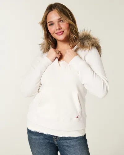 Hollister Faux Fur Trim V-neck Hoodie In White