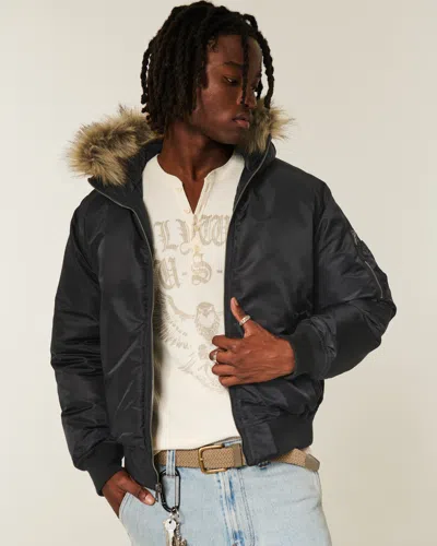 Hollister Faux Fur Trim Zip-up Bomber Jacket In Black