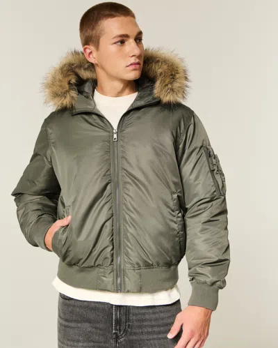 Hollister Faux Fur Trim Zip-up Bomber Jacket In Green
