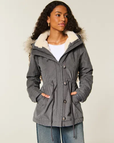 Hollister Faux Fur-lined Parka In Gray