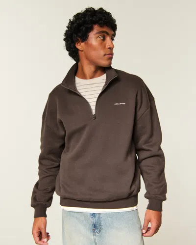 Hollister Feel Good Boxy Quarter-zip Logo Sweatshirt In Brown