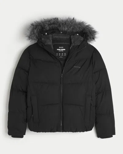Hollister Feel Good Faux Fur Trim Puffer Jacket In Black