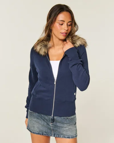 Hollister Feel Good Faux Fur Trim Zip-up Hoodie In Blue