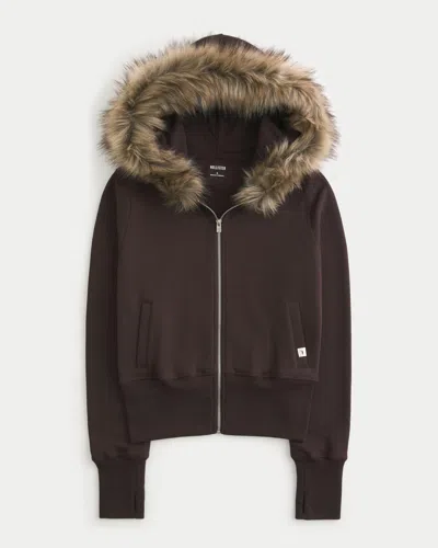Hollister Feel Good Faux Fur Trim Zip-up Hoodie In Brown