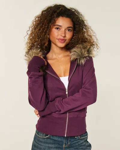 Hollister Feel Good Faux Fur Trim Zip-up Hoodie In Burgundy