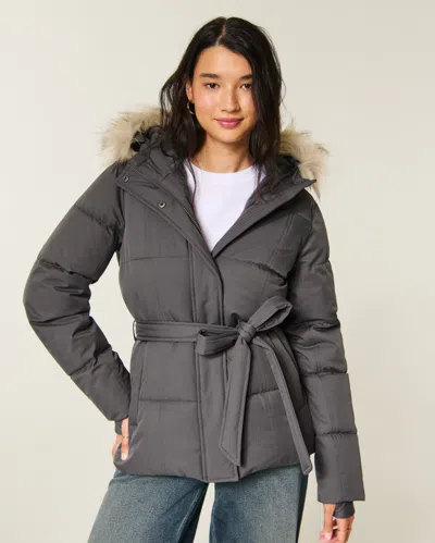 Hollister Feel Good Longline Puffer Jacket In Gray