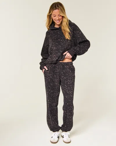Hollister Feel Good Low-rise Leopard Print Fleece Joggers In Gray