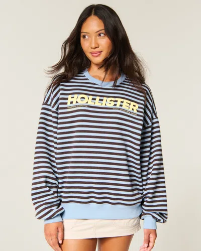 Hollister Feel Good Oversized Striped Logo Graphic Crew Sweatshirt In Blue
