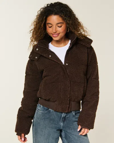 Hollister Feel Good Sherpa Puffer Jacket In Brown